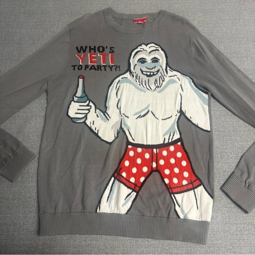 Ugly Christmas Sweater WHO'S YETI TO PARTY Gray Long Sleeve Mens‎ M Pullover